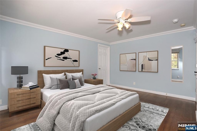 bedroom with ornamental molding, baseboards, dark wood-style floors, and ceiling fan