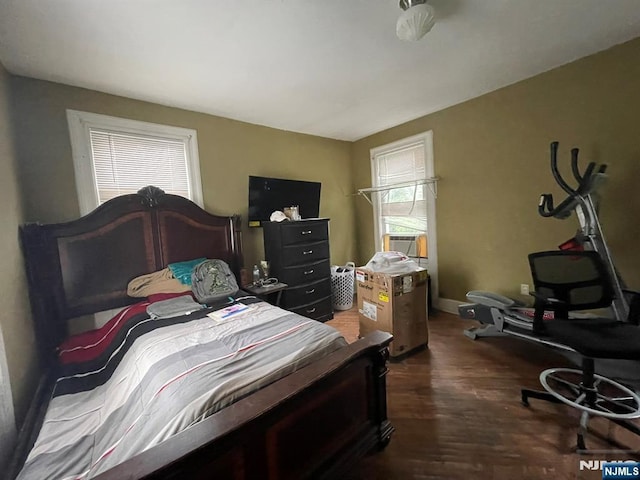bedroom featuring wood finished floors, baseboards, and multiple windows