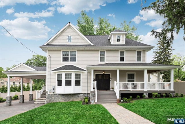 334 Durie Ave, Closter, NJ 07624 - view of front facade featuring covered porch, a front lawn, roof with shingles, and stairs