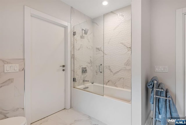 334 Durie Ave, Closter, NJ 07624 - bathroom with marble look tile flooring, enclosed tub / shower combo, toilet, and recessed lighting