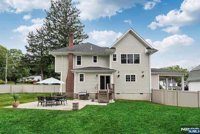 334 Durie Ave, Closter, NJ 07624 - back of house with a chimney, a patio, and crawl space