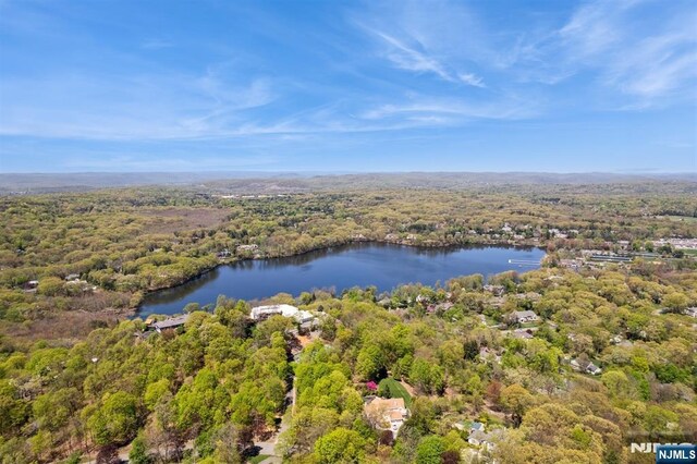 drone / aerial view with a water view and a forest view