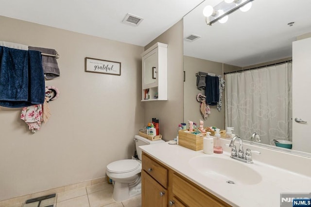 bathroom featuring tile patterned flooring, vanity, toilet, and visible vents