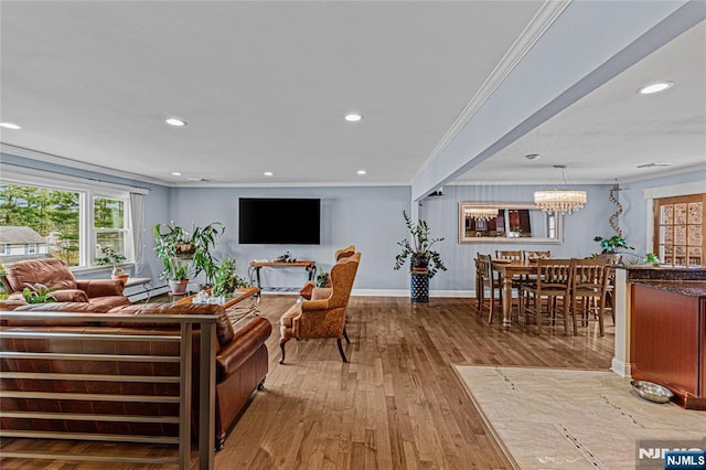 55 N Hillside Ave, Roxbury Township, NJ 07847 - living room featuring ornamental molding, recessed lighting, a chandelier, wood-type flooring, and baseboards