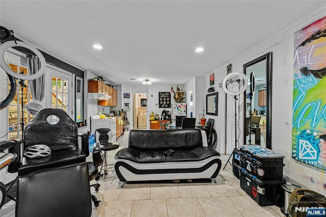 55 N Hillside Ave, Roxbury Township, NJ 07847 - misc room with crown molding, light tile patterned floors, and recessed lighting