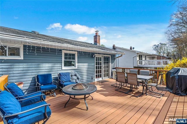 55 N Hillside Ave, Roxbury Township, NJ 07847 - wooden terrace featuring outdoor dining area, a grill, and an outdoor fire pit
