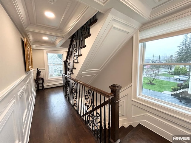 126 Closter Dock Rd, Closter, NJ 07624 - staircase with a decorative wall, wood finished floors, ornamental molding, and a wainscoted wall