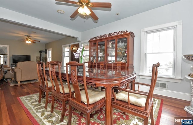 279 Boonton Ave, Butler Borough, NJ 07405 - dining area featuring baseboards, a ceiling fan, and dark wood-style floors