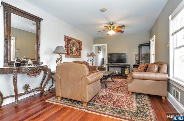 279 Boonton Ave, Butler Borough, NJ 07405 - living room with wood finished floors, visible vents, ceiling fan, and plenty of natural light