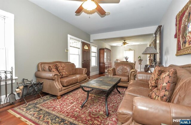 279 Boonton Ave, Butler Borough, NJ 07405 - living room featuring a ceiling fan, wood finished floors, and a healthy amount of sunlight