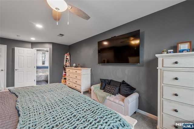 bedroom featuring baseboards, a ceiling fan, connected bathroom, visible vents, and carpet
