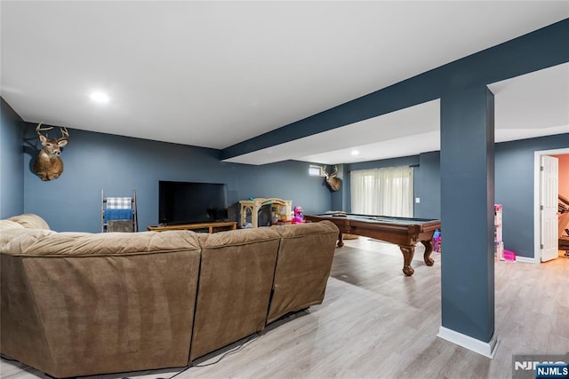 living room with recessed lighting, billiards, light wood finished floors, and baseboards