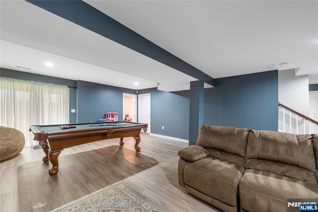 recreation room with pool table, baseboards, recessed lighting, visible vents, and wood finished floors