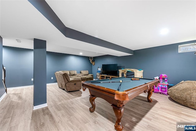 playroom featuring wood finished floors, baseboards, and billiards