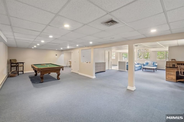 playroom with visible vents, billiards, carpet flooring, and recessed lighting
