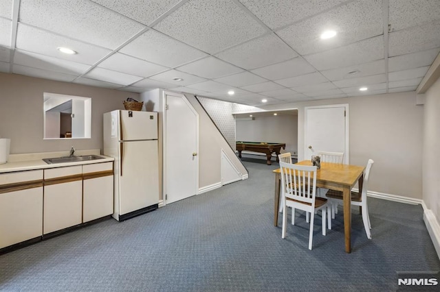 dining room with recessed lighting, billiards, baseboards, and dark carpet