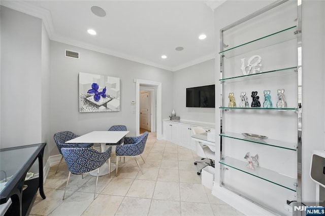office space featuring visible vents, recessed lighting, and ornamental molding