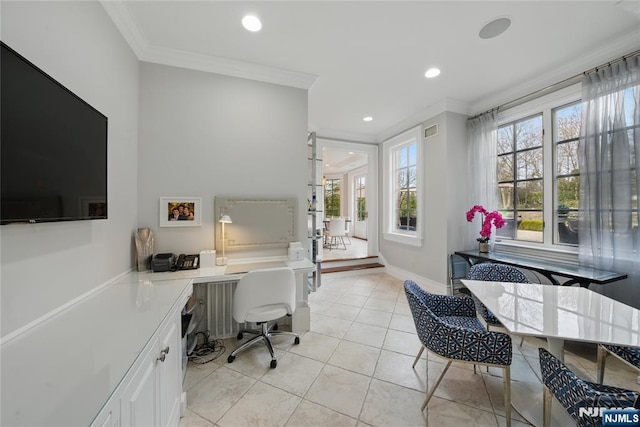 office featuring recessed lighting, visible vents, light tile patterned flooring, crown molding, and baseboards