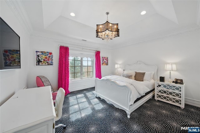 bedroom featuring a raised ceiling, recessed lighting, a notable chandelier, carpet floors, and ornamental molding