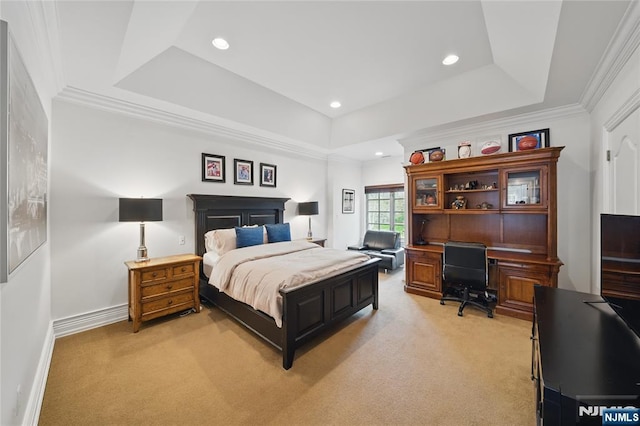 bedroom featuring ornamental molding, recessed lighting, a raised ceiling, and light colored carpet