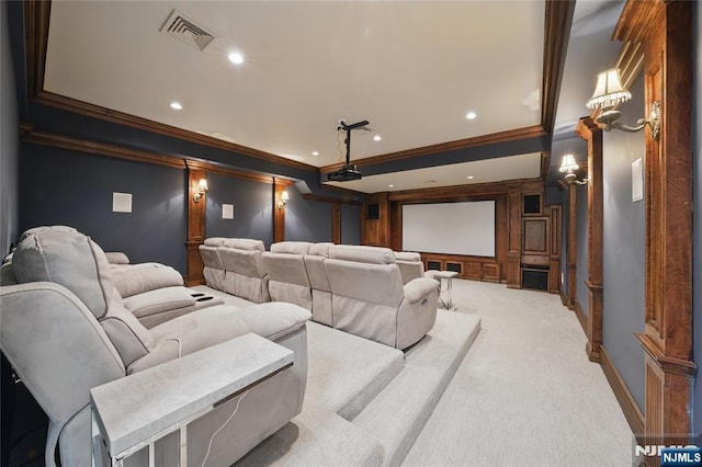 home theater with recessed lighting, visible vents, crown molding, baseboards, and carpet flooring