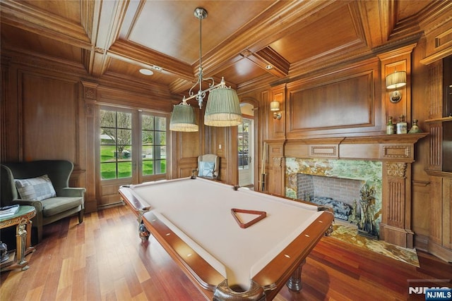 recreation room with ornamental molding, wooden ceiling, billiards, and coffered ceiling