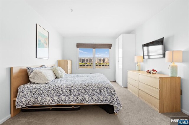 bedroom featuring light carpet