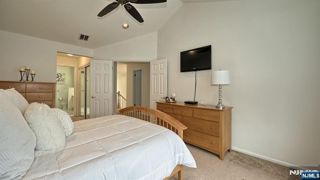 bedroom with baseboards, vaulted ceiling, light carpet, a ceiling fan, and visible vents