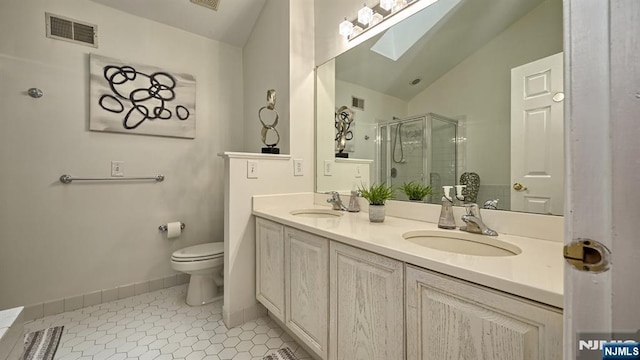 bathroom with a sink, visible vents, toilet, and a stall shower