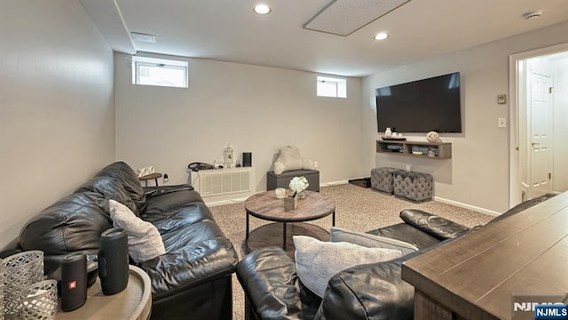 carpeted living room featuring recessed lighting, plenty of natural light, and baseboards