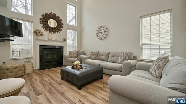 living room featuring a fireplace with flush hearth, a towering ceiling, and light wood-style flooring