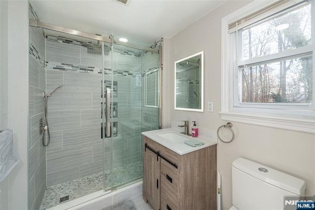 bathroom featuring a shower stall, vanity, and toilet