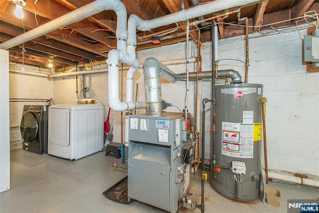 utility room featuring water heater, independent washer and dryer, and a heating unit
