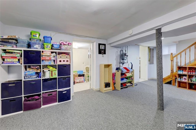 rec room with carpet and electric panel