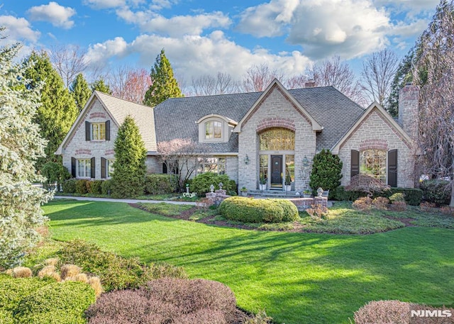 french provincial home featuring a chimney, stone siding, and a front lawn