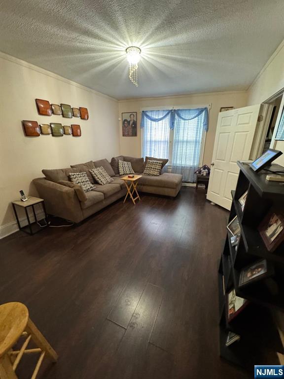 living area with ornamental molding, a textured ceiling, and dark wood-style floors