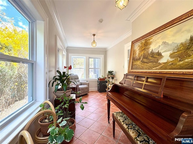 sitting room with ornamental molding, baseboards, and tile patterned flooring