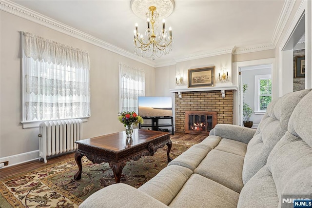 living room with radiator, wood finished floors, a notable chandelier, and plenty of natural light