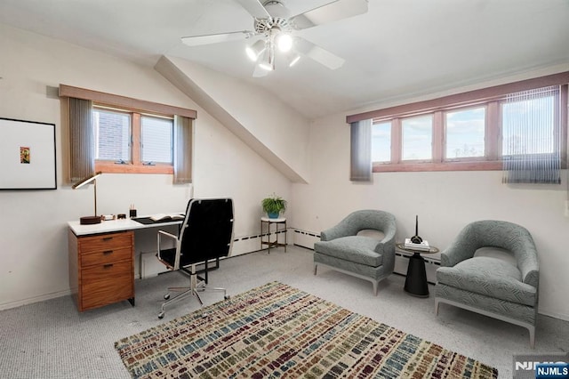 office with ceiling fan, light carpet, baseboards, lofted ceiling, and a baseboard radiator