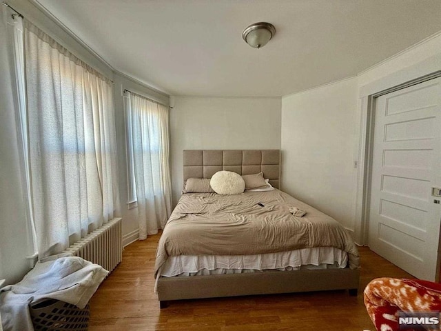 bedroom with radiator and wood finished floors