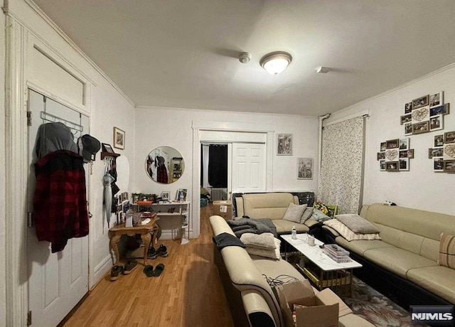 living room with crown molding and light wood finished floors
