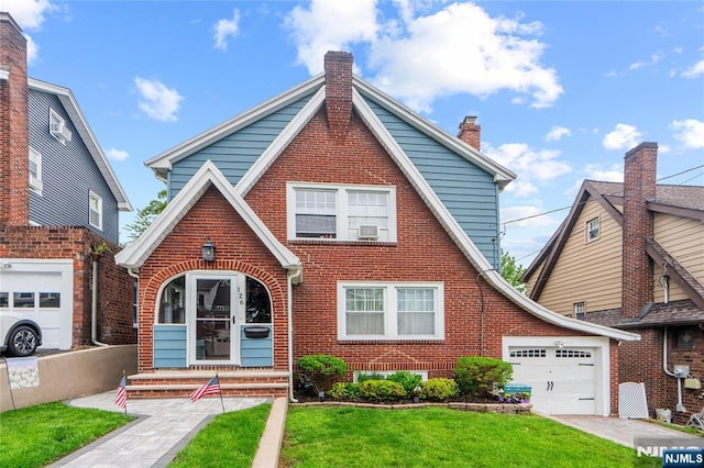 126 Beech St, Nutley, NJ 07110 - view of front facade with brick siding, a chimney, a front lawn, and entry steps