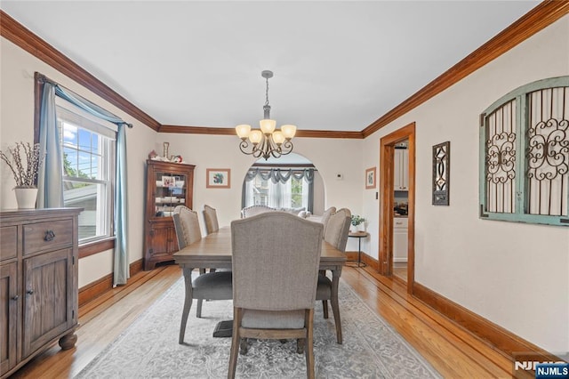 126 Beech St, Nutley, NJ 07110 - dining space featuring a chandelier, healthy amount of natural light, light wood finished floors, and crown molding