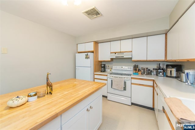 79 Adams Ter Unit 79, Clifton, NJ 07013 - kitchen with white appliances, light floors, butcher block counters, visible vents, and under cabinet range hood