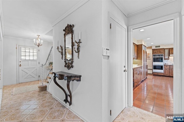 hall with recessed lighting, visible vents, light tile patterned flooring, crown molding, and a notable chandelier
