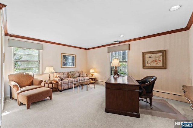 carpeted office space featuring a baseboard heating unit, a baseboard radiator, baseboards, and ornamental molding