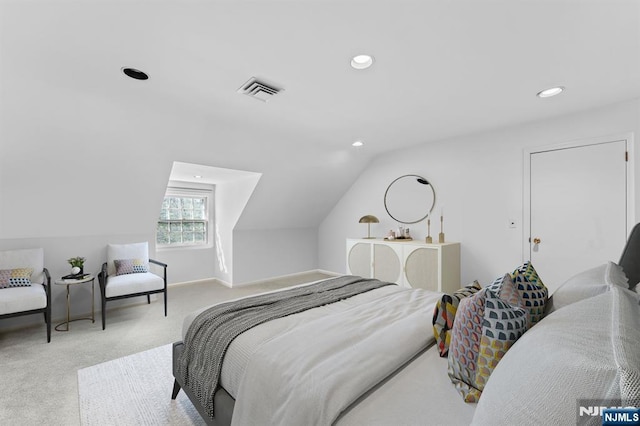 bedroom featuring recessed lighting, vaulted ceiling, visible vents, baseboards, and carpet flooring