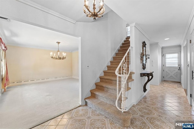 stairs with an inviting chandelier, ornamental molding, tile patterned flooring, and visible vents