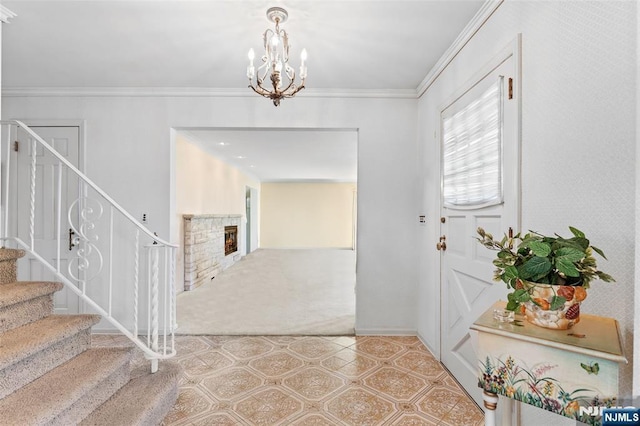 foyer featuring crown molding, stairs, tile patterned floors, baseboards, and a notable chandelier