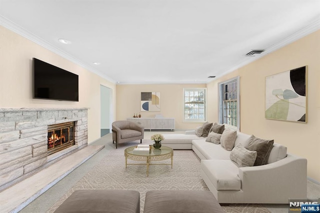 living area featuring crown molding, visible vents, and carpet flooring